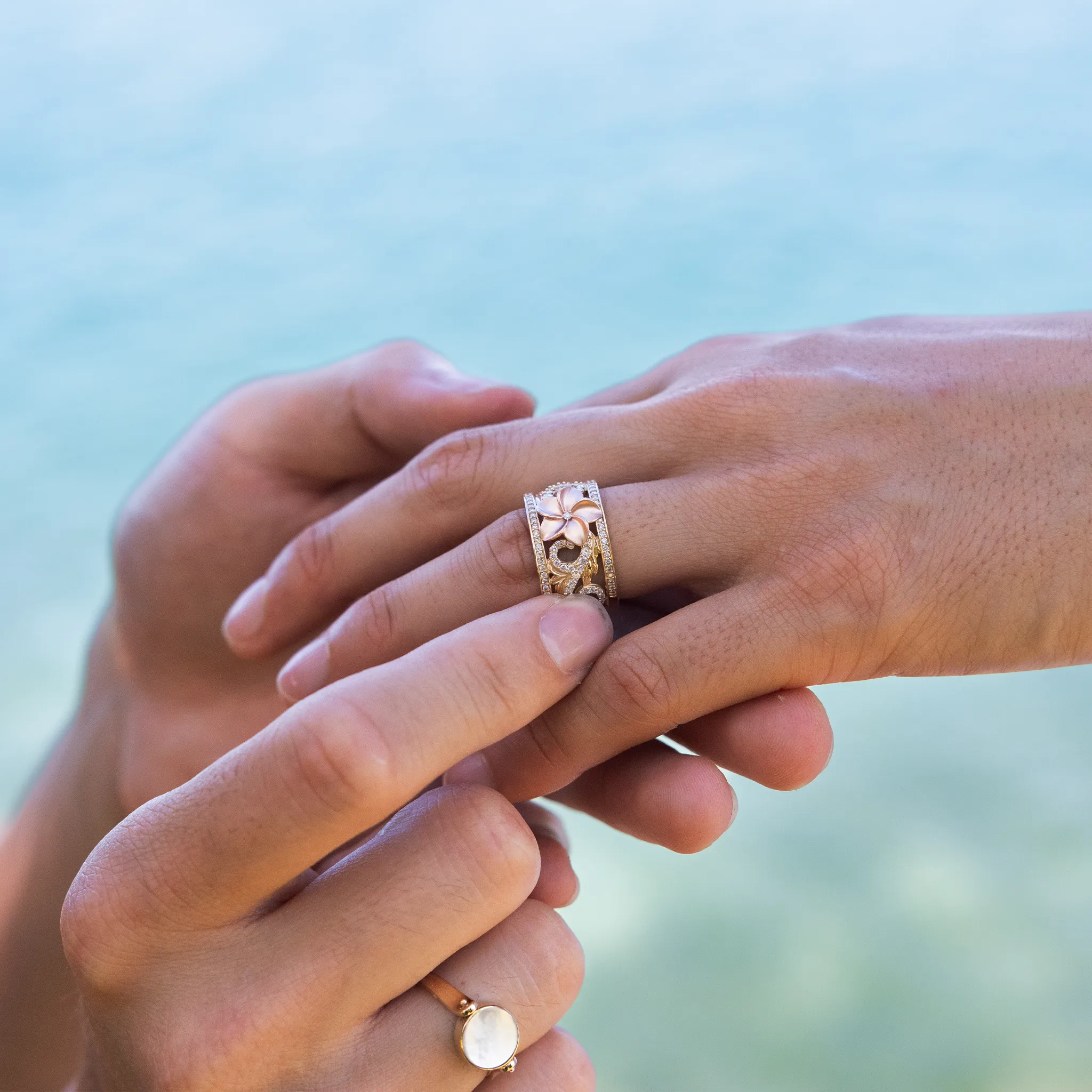 Hawaiian Heirloom Plumeria Engagement Ring in Two Tone Gold with Diamonds - 12mm