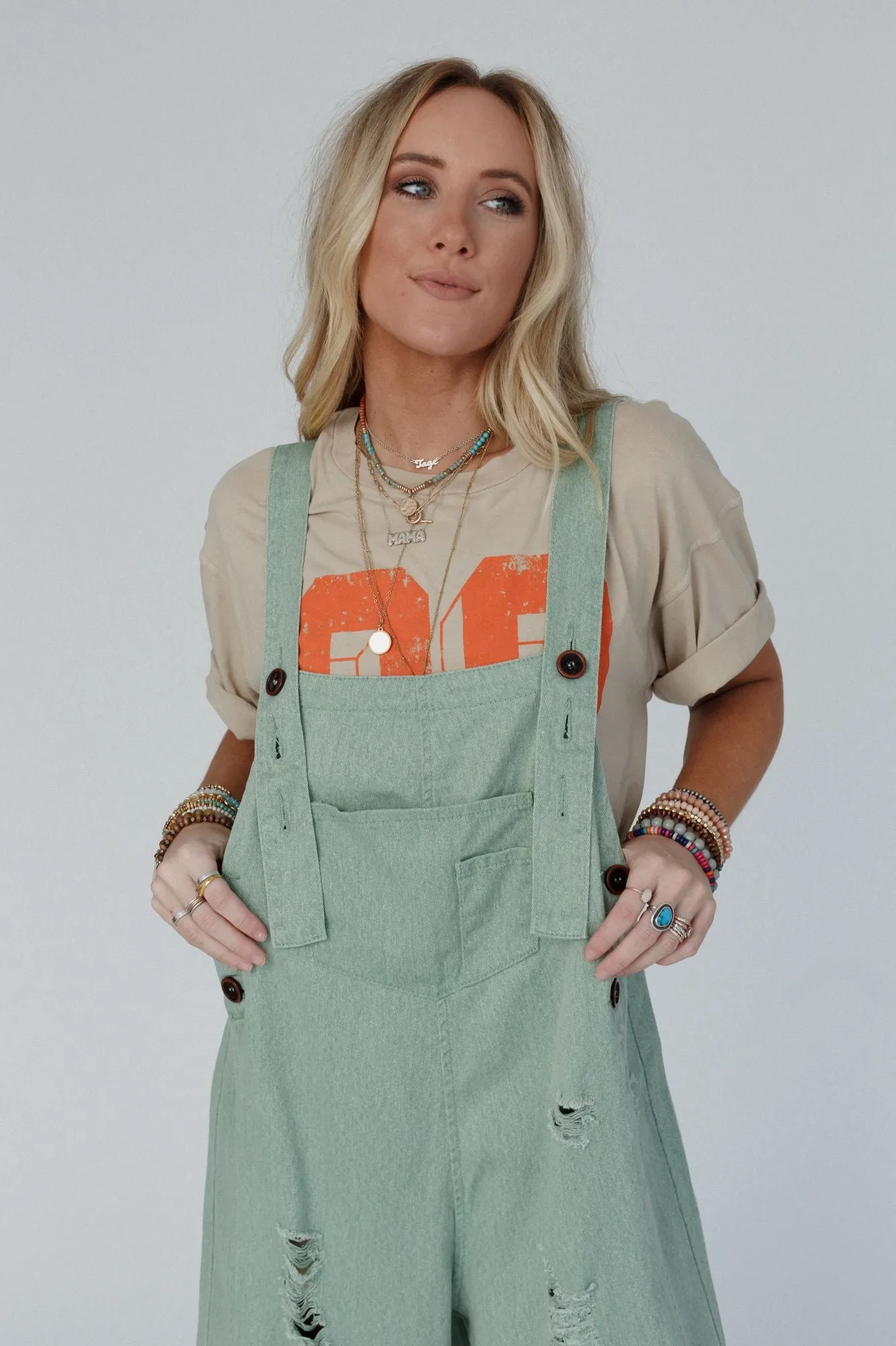 High Hopes Slouchy Denim Overalls - Sage