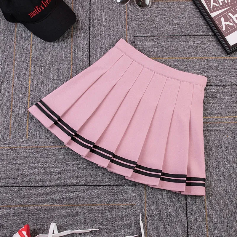 High Waist Women's Skirts Striped Pleated Elastic Waist Female Sweet Mini Dance Plaid Skirt Y2k Korean England Style