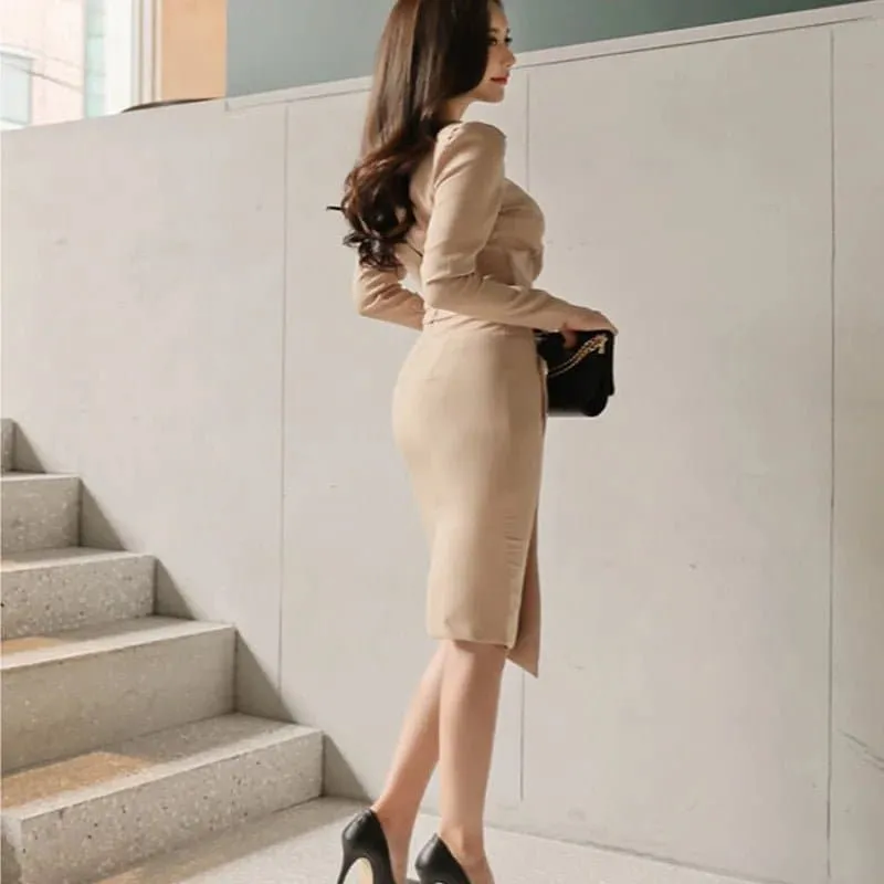 Irregular Waist Autumn Suit Dress - Blended Nylon Office Lady Outfit