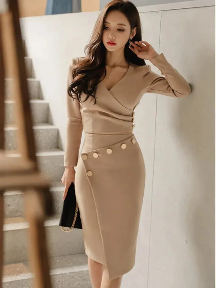 Irregular Waist Autumn Suit Dress - Blended Nylon Office Lady Outfit