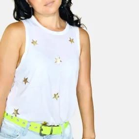 Jane Ultra Chic White Tank Top - Gold Foil Stars & Pink Arrow Back