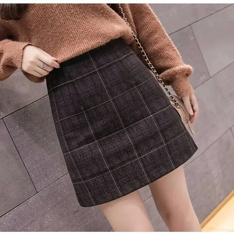 Korean Sexy High Waist Slim Plaid Wool A-step Mini Skirt