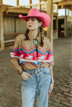 Lucky & Blessed Plus Size Mocha Pink Horse Aztec Printed Button Down Top TO646-BRHRS