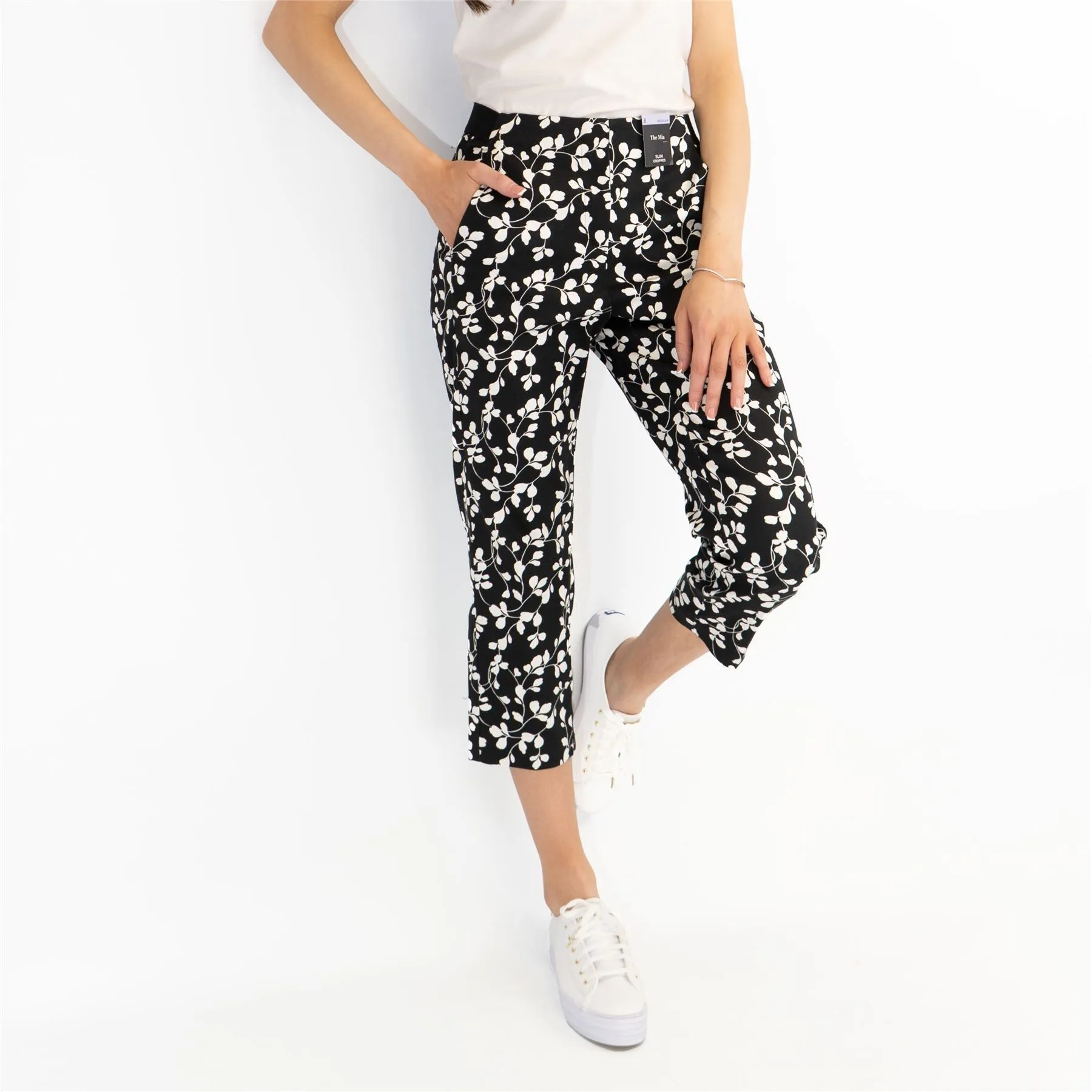 M&S Mia Black Flower Print Slim Leg Tapered Crop Chino Trousers