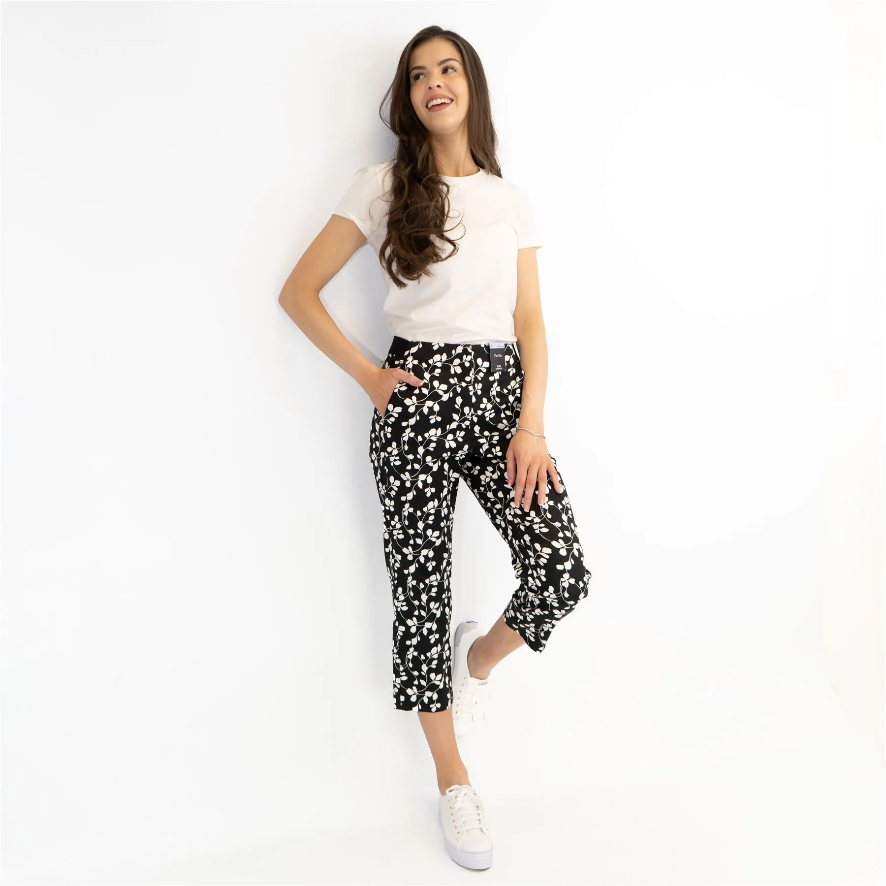 M&S Mia Black Flower Print Slim Leg Tapered Crop Chino Trousers