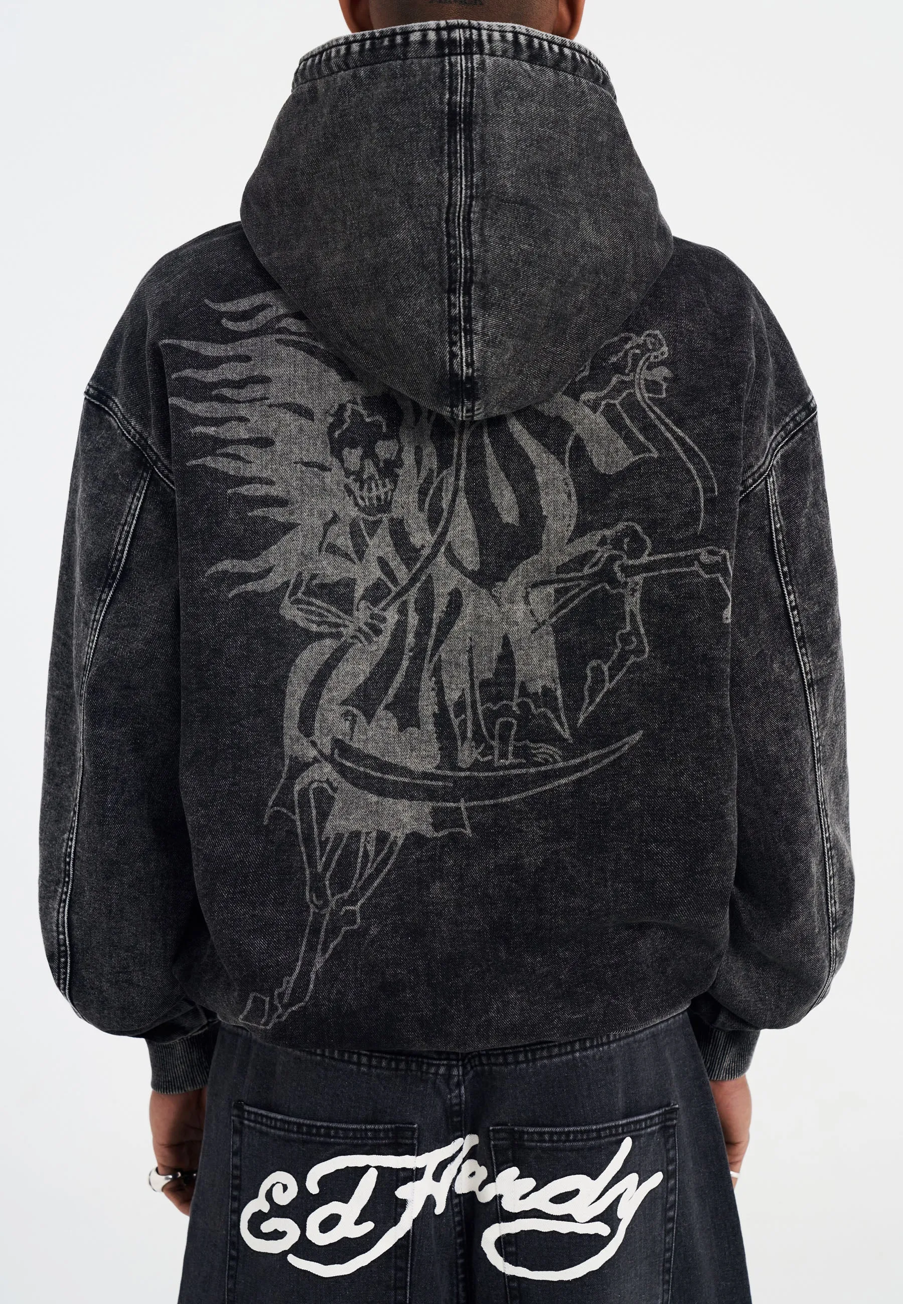 Mens Death Rider Denim Pouch Hoodie - Black