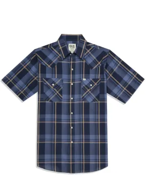 Men's Ely Cattleman Short Sleeve Plaid Western Snap Shirt- Blue & Brown