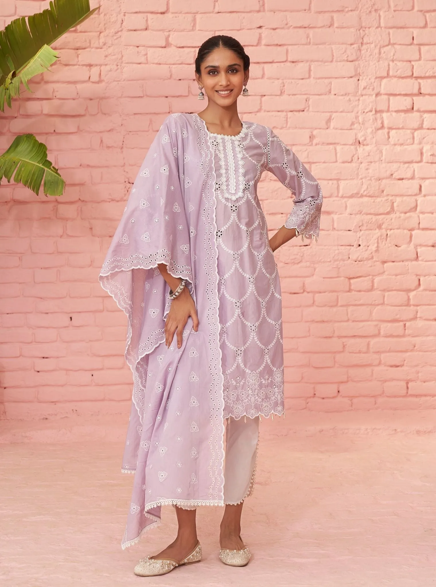 Mulmul Cotton Aashay Lilac Kurta With Mulmul Cotton Kriya White Pant