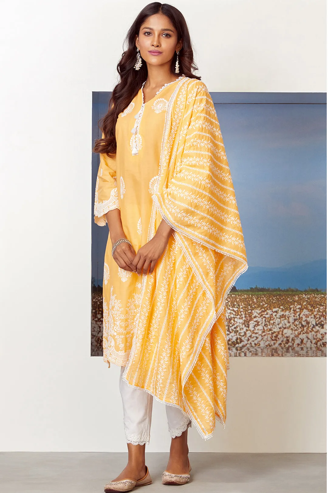 Mulmul Cotton Dreamscape Orange Kurta