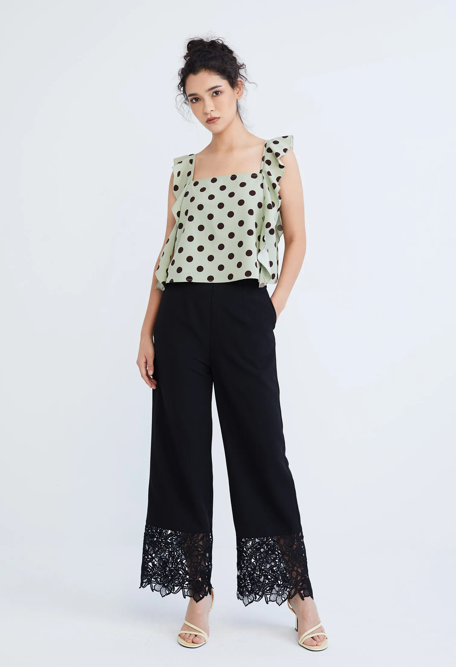 Polka Dot Ruffled Cap Sleeve Blouse