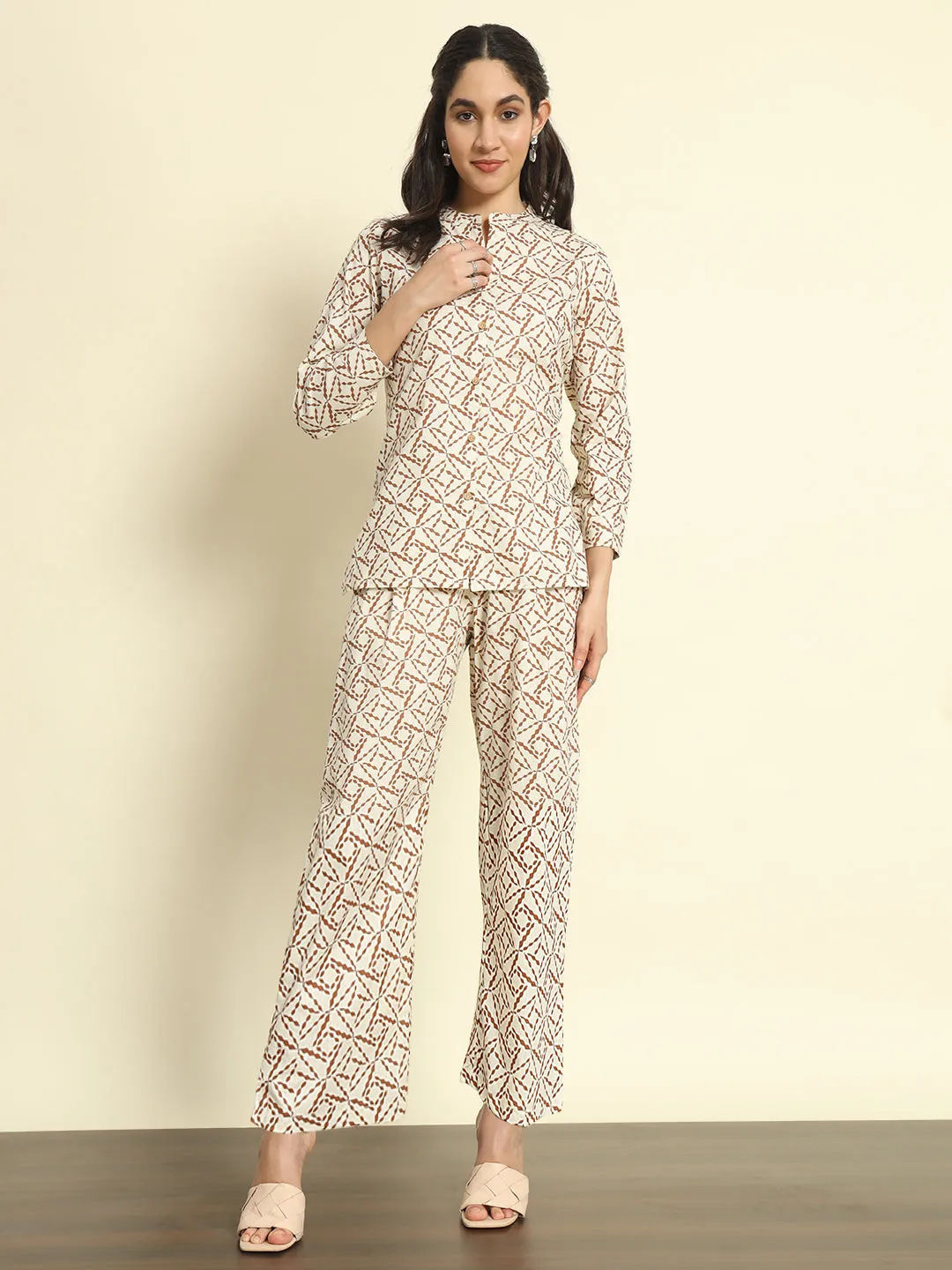 Printed Beige Mandarin Collar Co-ords