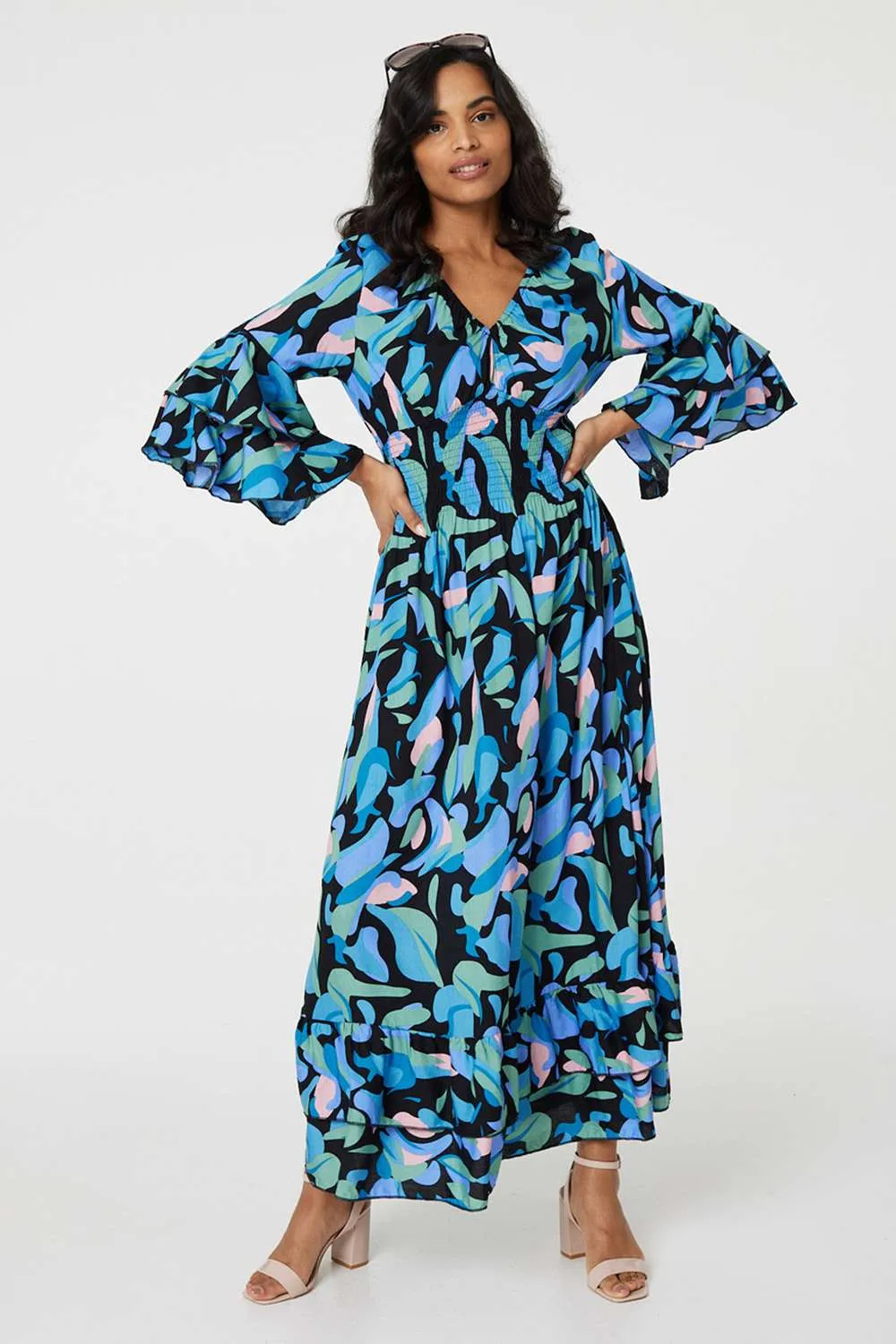 Printed Ruffle Hem Empire Maxi Dress