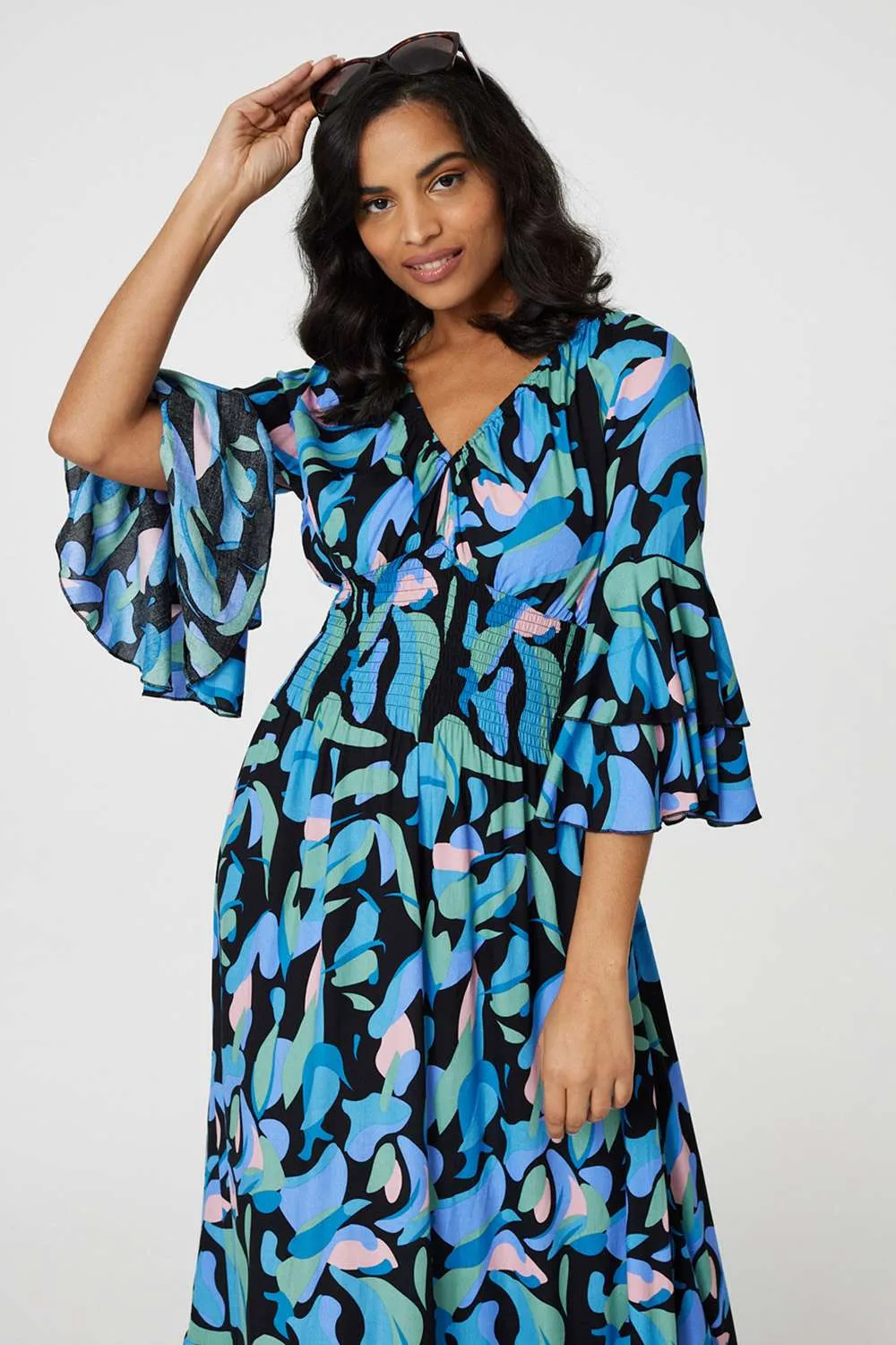 Printed Ruffle Hem Empire Maxi Dress