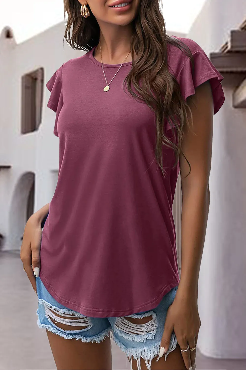 Ruffled Round Neck Cap Sleeve Blouse