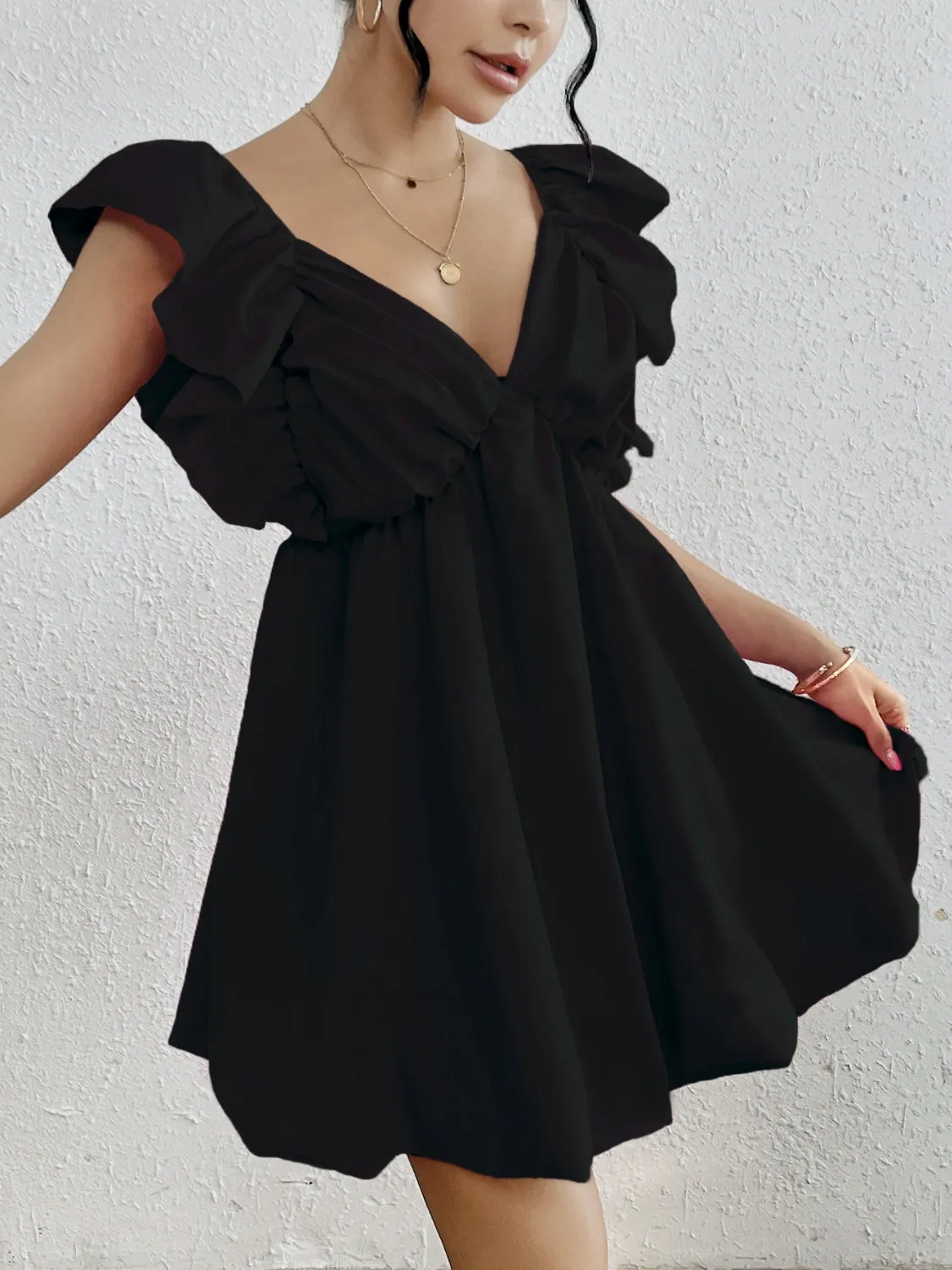 Ruffled V-Neck Cap Sleeve Mini Dress