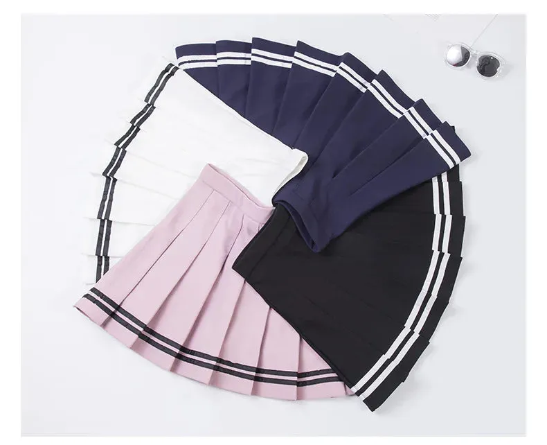 S-XXL Four Colors High Waist A-Line Women Striped Stitching Sailor Pleated Skirt School Sweet Girls Dance Skirt