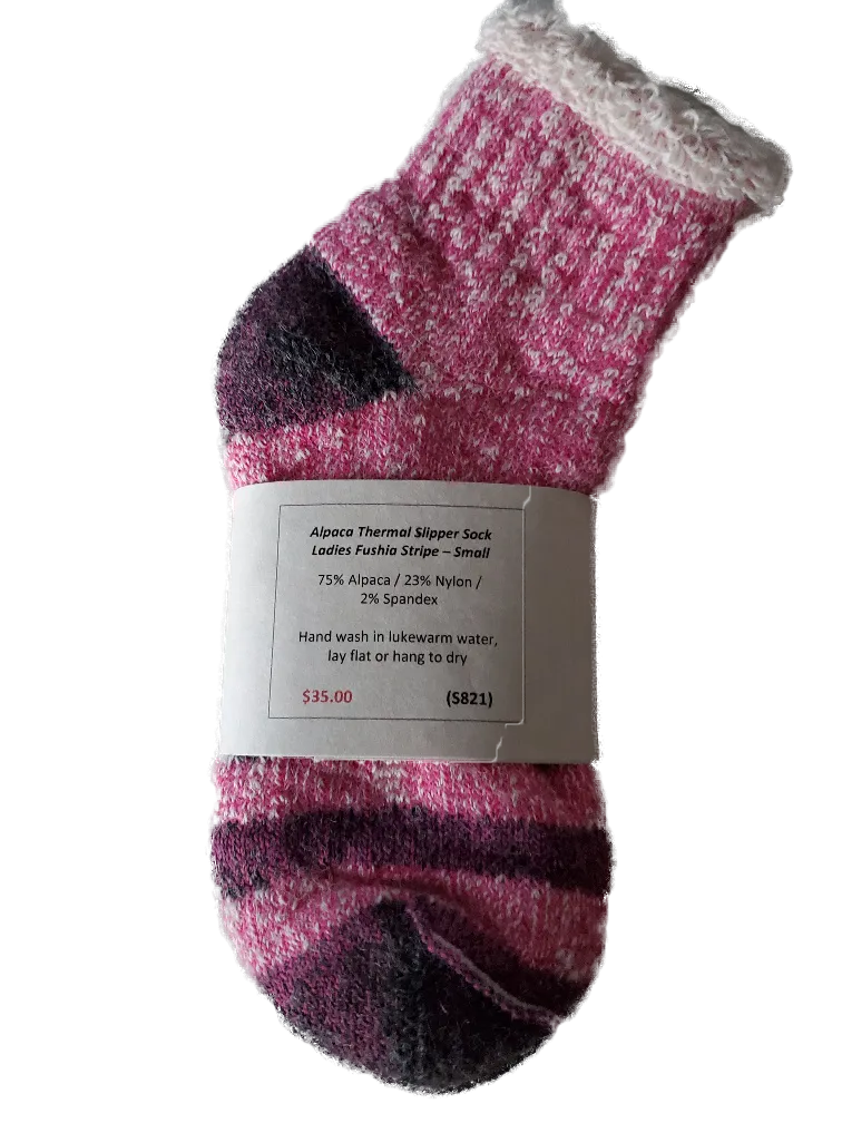 S821 Alpaca Slipper Sock Ladies Fushia Stripe Ladies Small