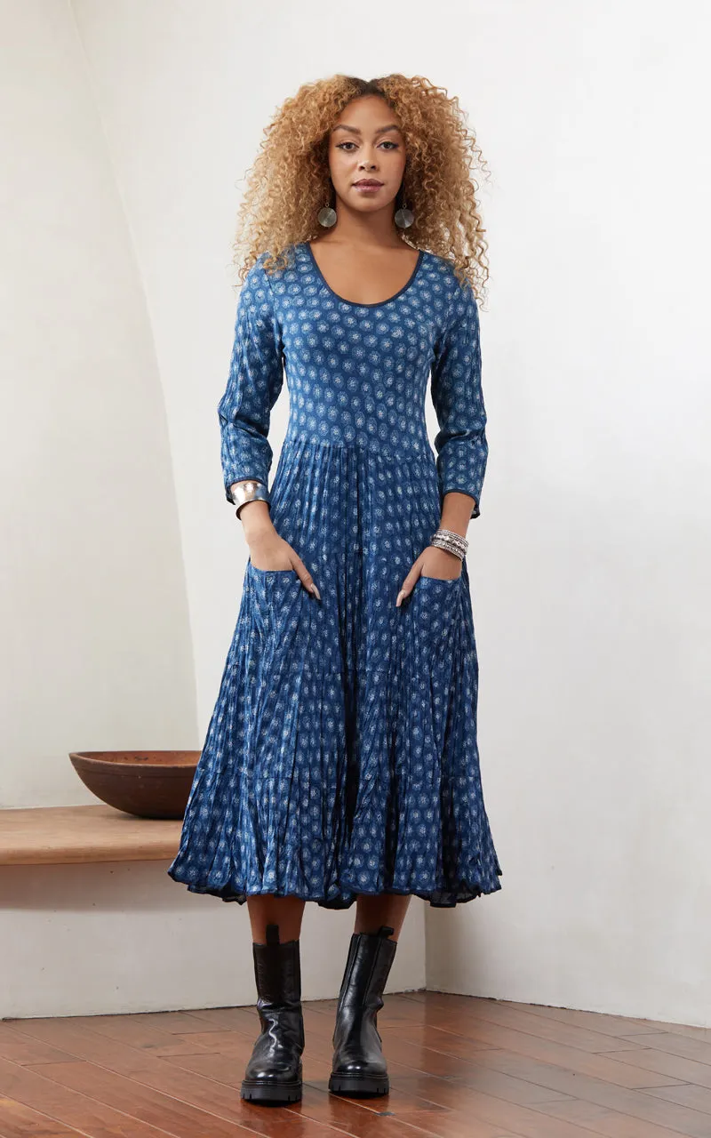 Santa Fe Dress, Long, 3/4 Sleeve, Flower Dot Indigo