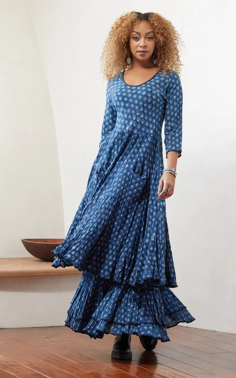 Santa Fe Dress, Long, 3/4 Sleeve, Flower Dot Indigo