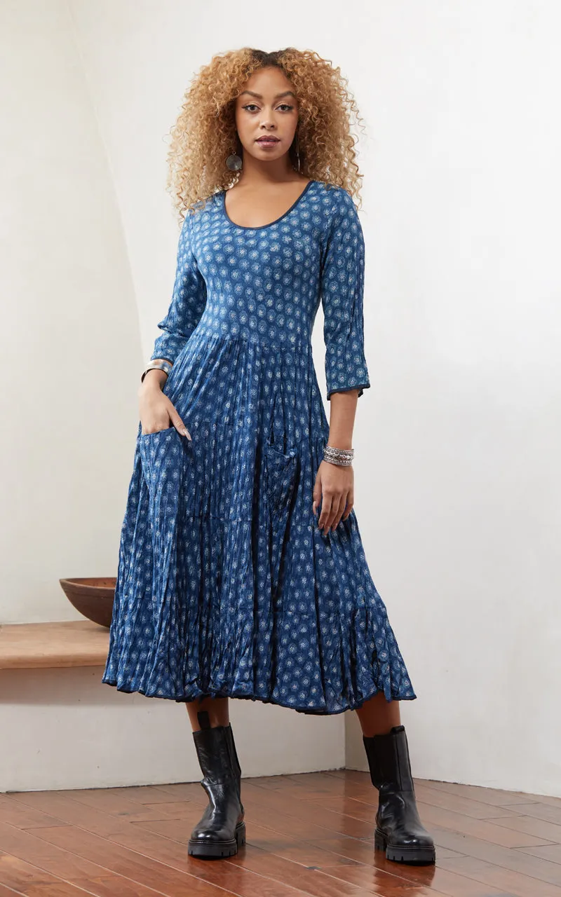 Santa Fe Dress, Long, 3/4 Sleeve, Flower Dot Indigo