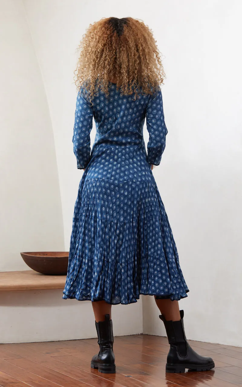 Santa Fe Dress, Long, 3/4 Sleeve, Flower Dot Indigo