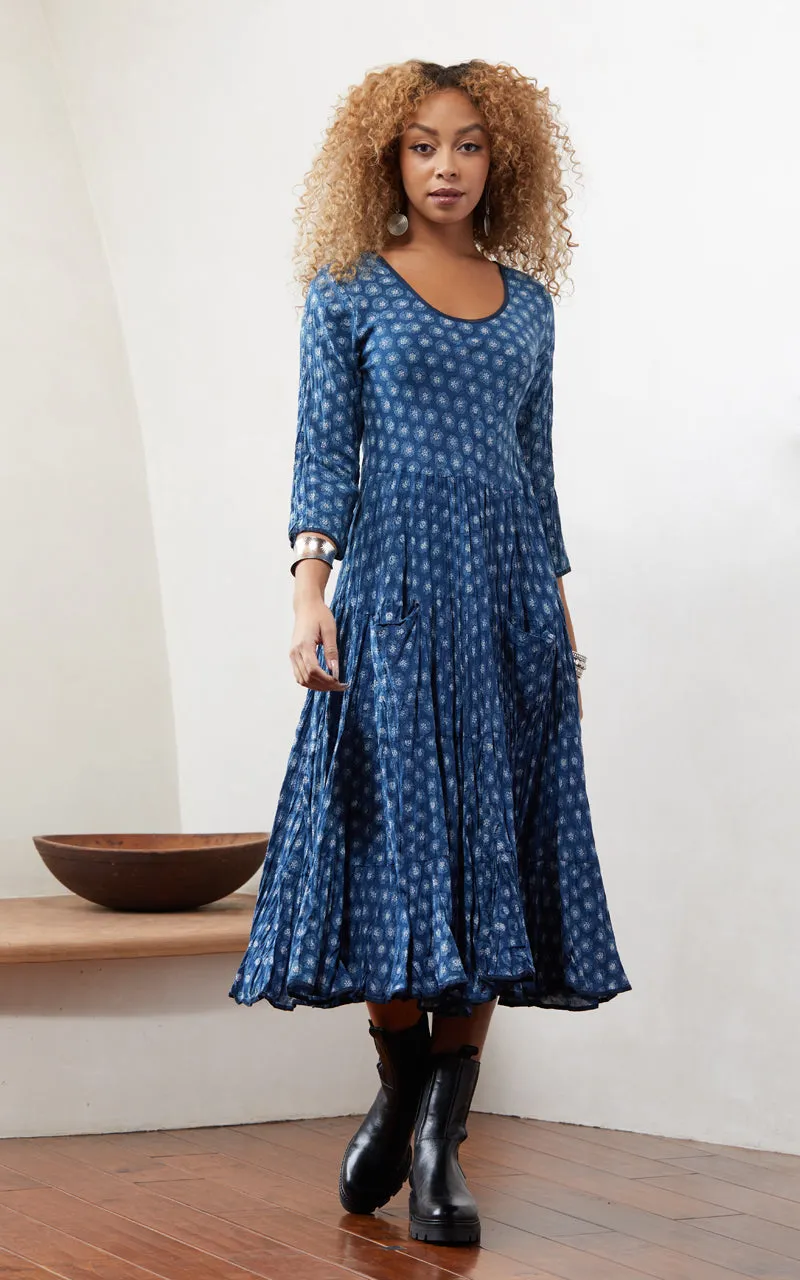 Santa Fe Dress, Long, 3/4 Sleeve, Flower Dot Indigo