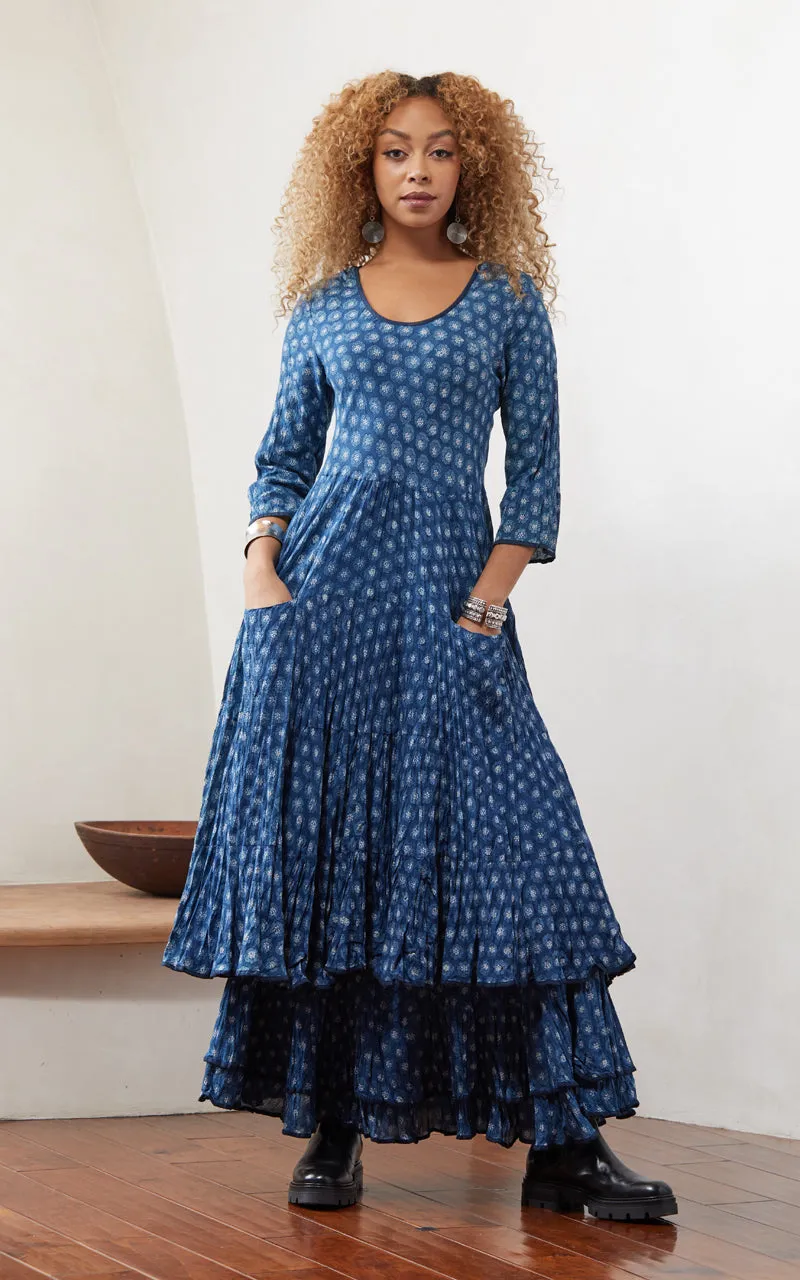 Santa Fe Dress, Long, 3/4 Sleeve, Flower Dot Indigo