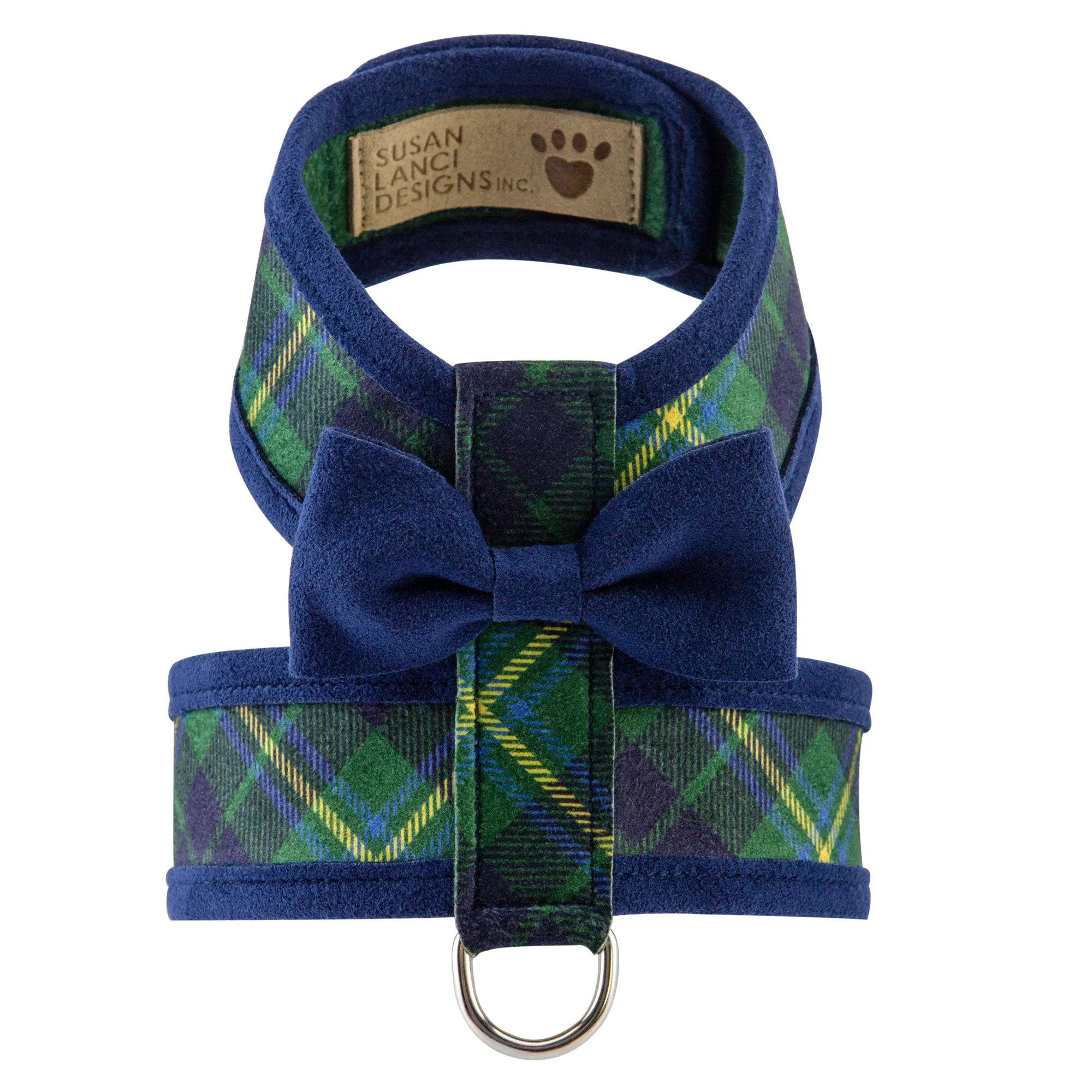 Scotty Plaid Indigo Bow Tie Tinkie Harness with Indigo Trim