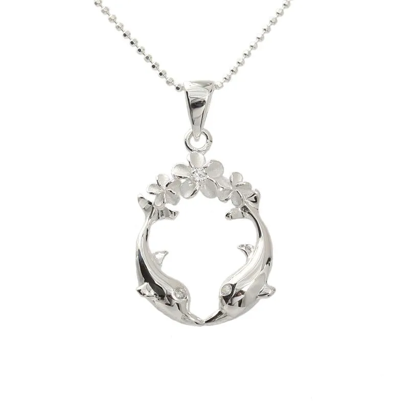 Sterling Silver 3 Plumeria with CZ and 2 Dolphin Circle Pendant (Chain Sold Separately)