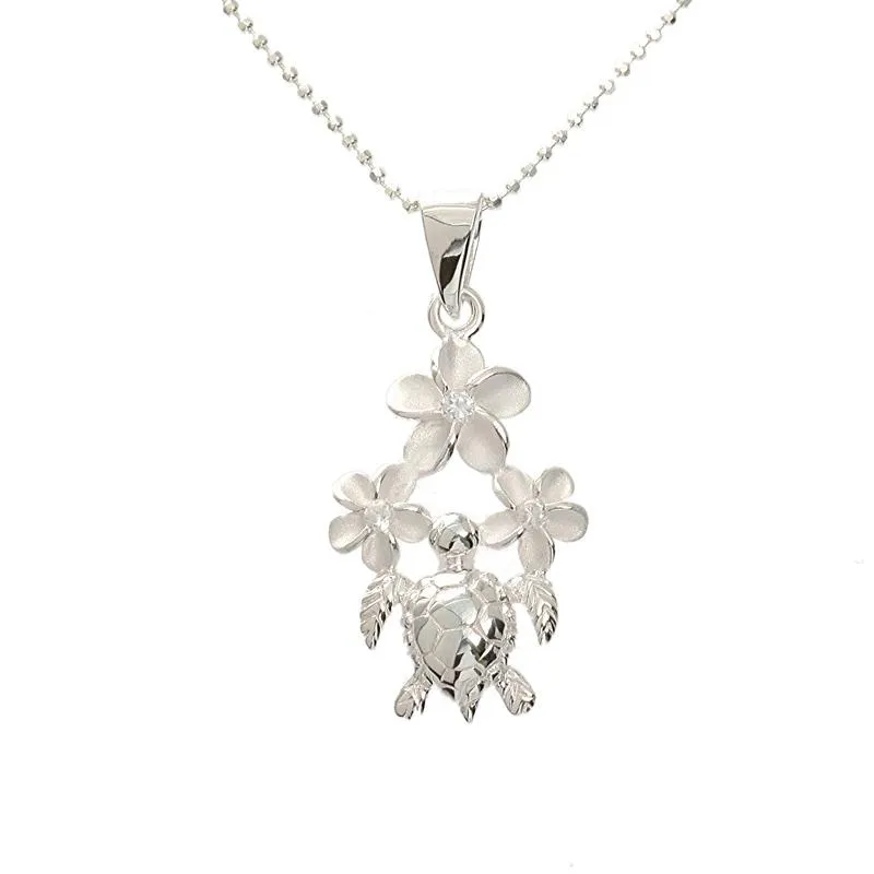 Sterling Silver 3 Plumeria with CZ and Honu (Hawaiian Turtle) Pendant (Chain Sold Separately)