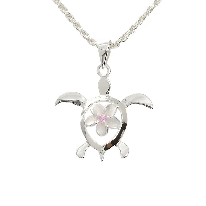 Sterling Silver 8mm Plumeria with Pink CZ in Honu (Hawaiian Turtle) Pendant (Chain Sold Separately)