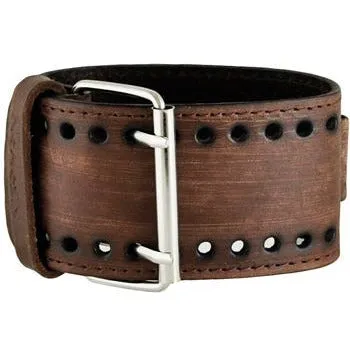 Stitched Distressed Brown Leather Wide Cuff