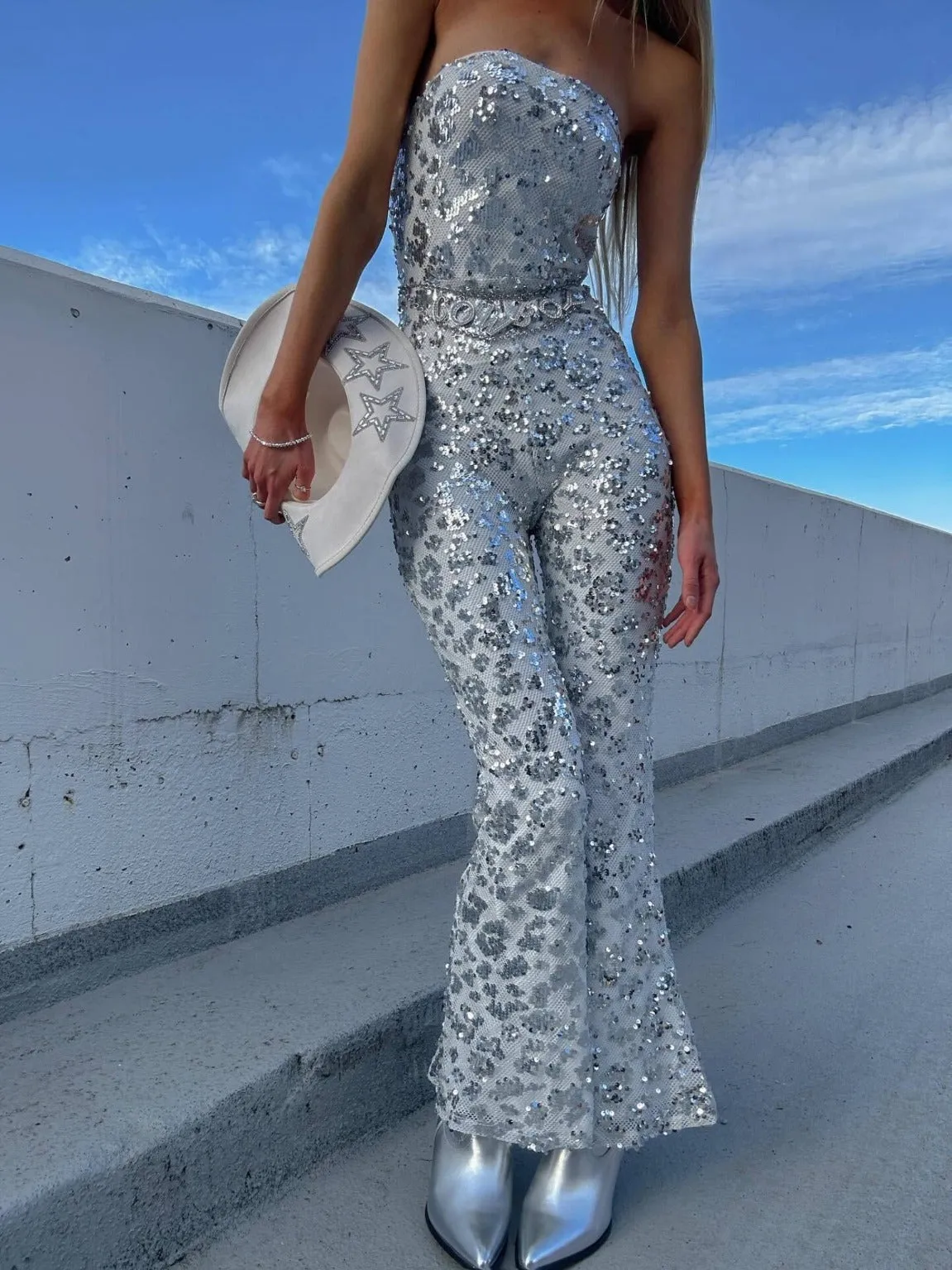 Tess White Sequin Strapless Jumpsuit