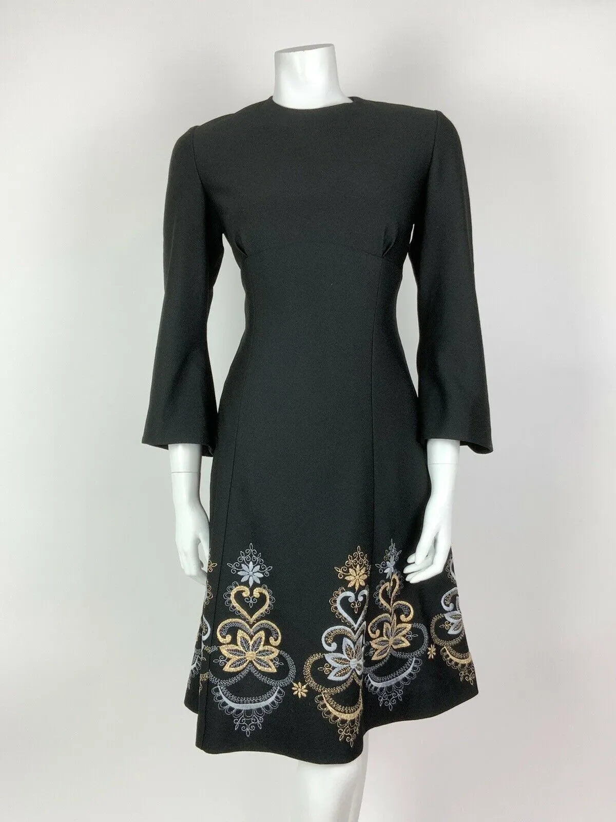 VINTAGE 60s 70s BLACK BLUE GOLD EMBROIDERED FLORAL HEART BELL SLEEVE DRESS 6 8