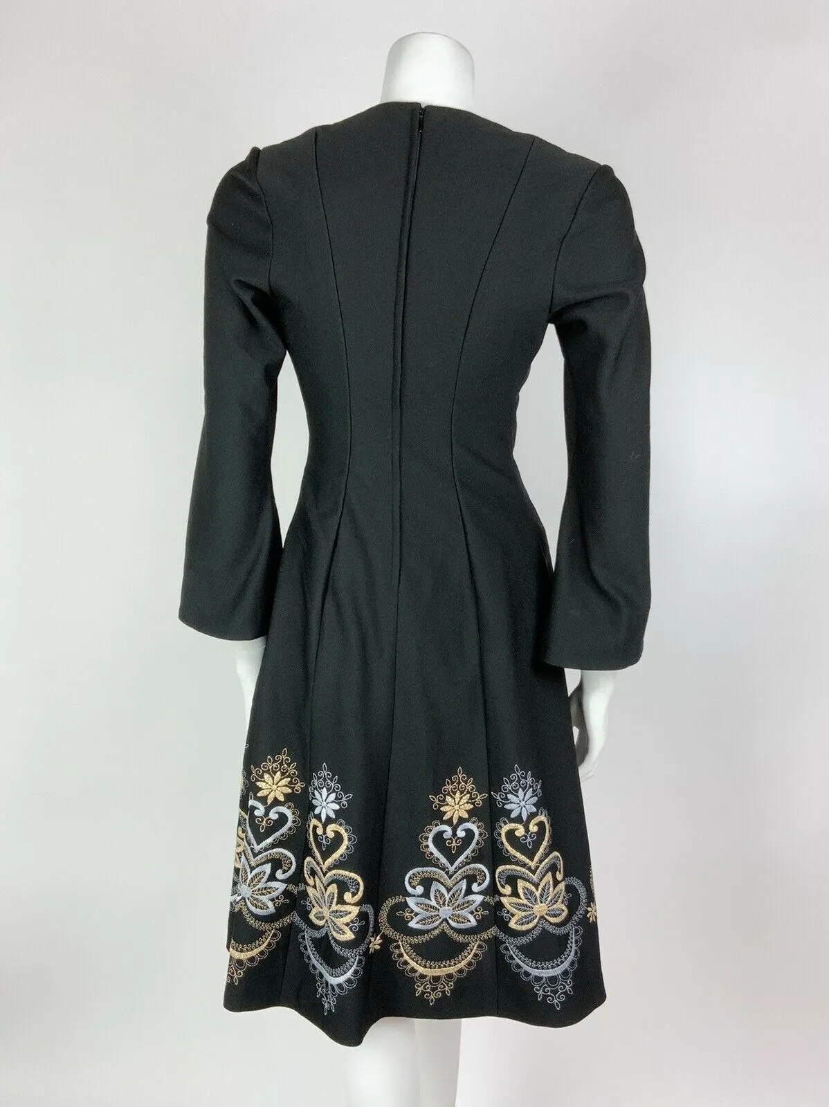 VINTAGE 60s 70s BLACK BLUE GOLD EMBROIDERED FLORAL HEART BELL SLEEVE DRESS 6 8