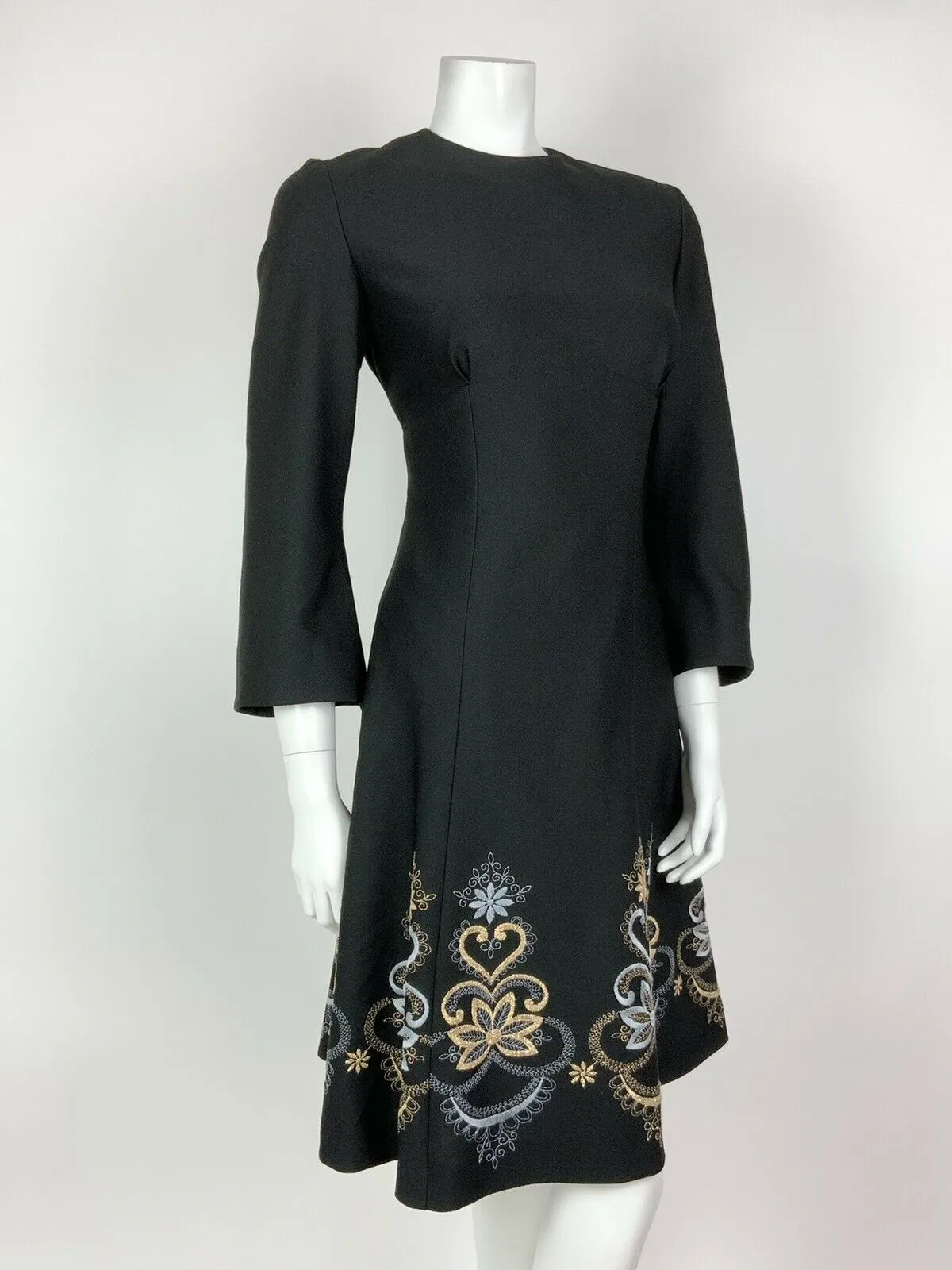 VINTAGE 60s 70s BLACK BLUE GOLD EMBROIDERED FLORAL HEART BELL SLEEVE DRESS 6 8