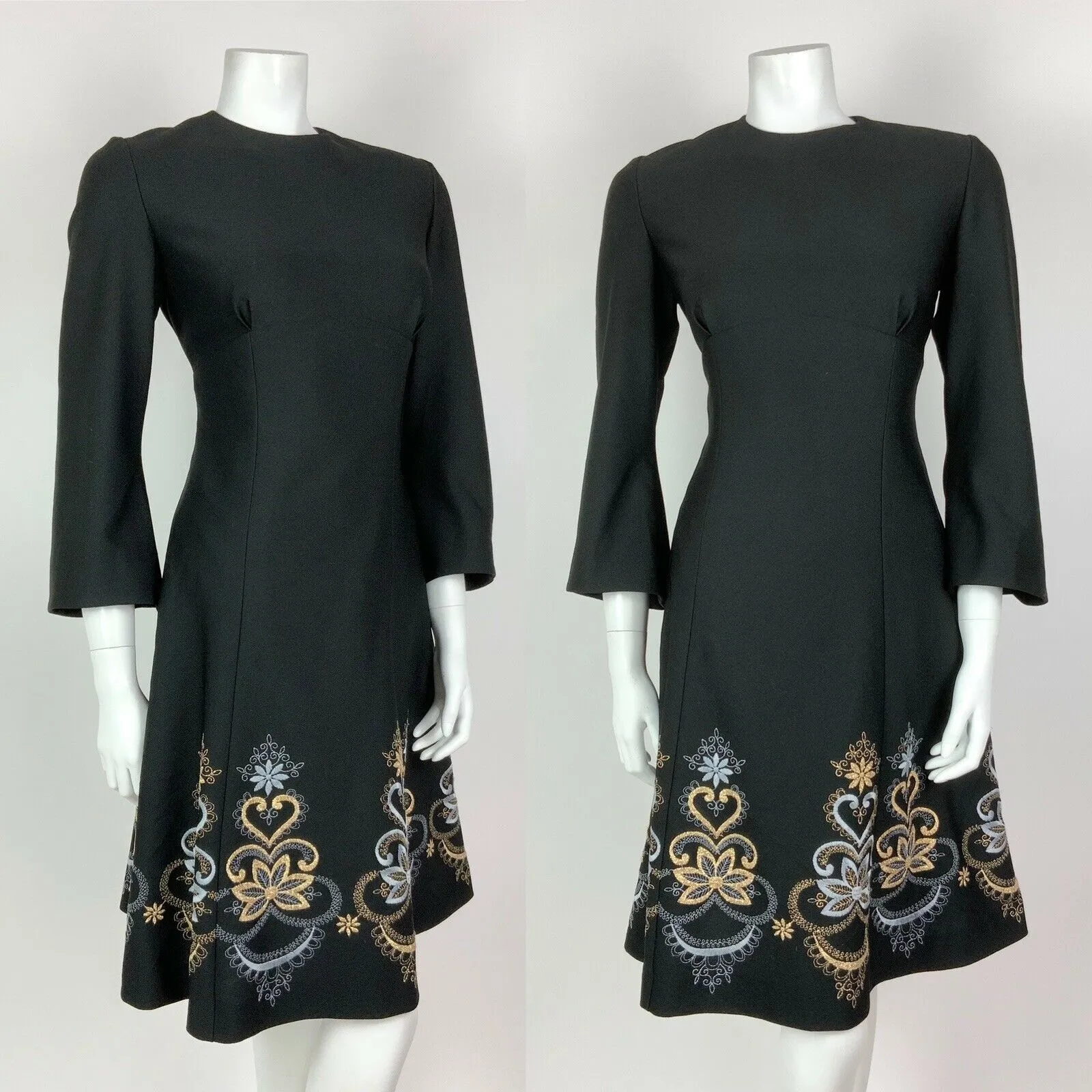 VINTAGE 60s 70s BLACK BLUE GOLD EMBROIDERED FLORAL HEART BELL SLEEVE DRESS 6 8