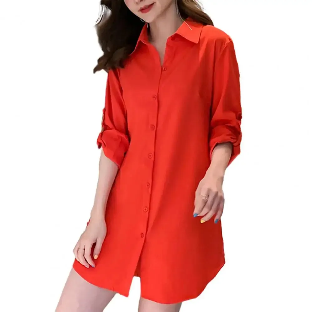 Women Button Up Mini Dress Women's Casual Shirt Dress Spring Autumn Mid-length Lapel Long Sleeve Single Breasted Solid Color