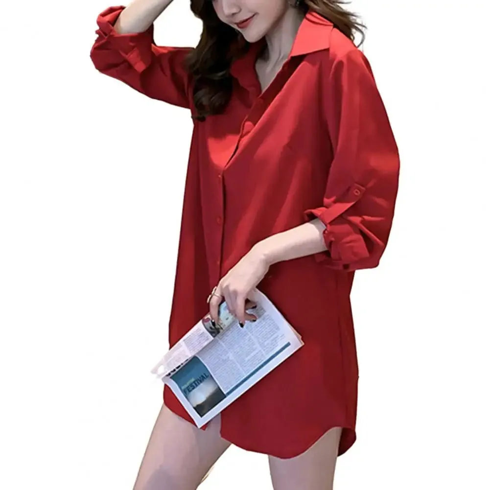 Women Button Up Mini Dress Women's Casual Shirt Dress Spring Autumn Mid-length Lapel Long Sleeve Single Breasted Solid Color