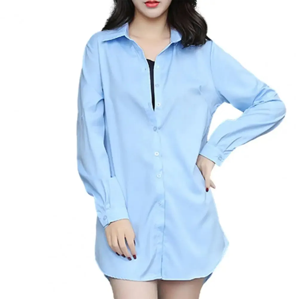 Women Button Up Mini Dress Women's Casual Shirt Dress Spring Autumn Mid-length Lapel Long Sleeve Single Breasted Solid Color