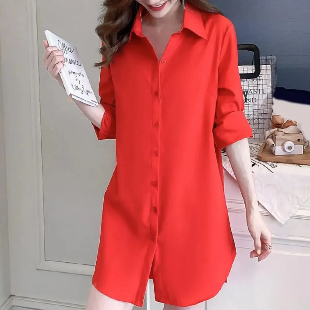 Women Button Up Mini Dress Women's Casual Shirt Dress Spring Autumn Mid-length Lapel Long Sleeve Single Breasted Solid Color