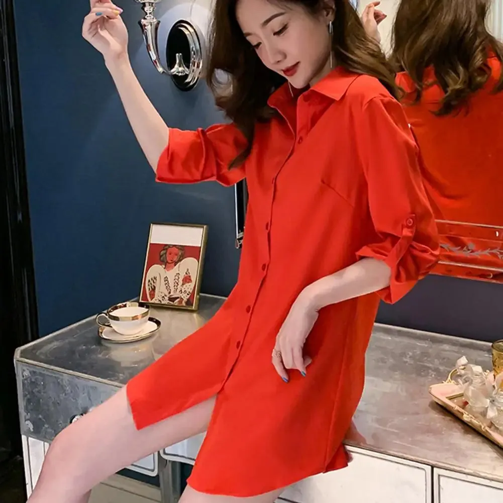 Women Button Up Mini Dress Women's Casual Shirt Dress Spring Autumn Mid-length Lapel Long Sleeve Single Breasted Solid Color