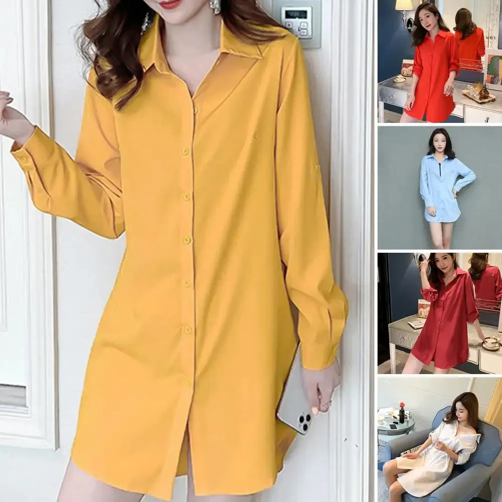 Women Button Up Mini Dress Women's Casual Shirt Dress Spring Autumn Mid-length Lapel Long Sleeve Single Breasted Solid Color