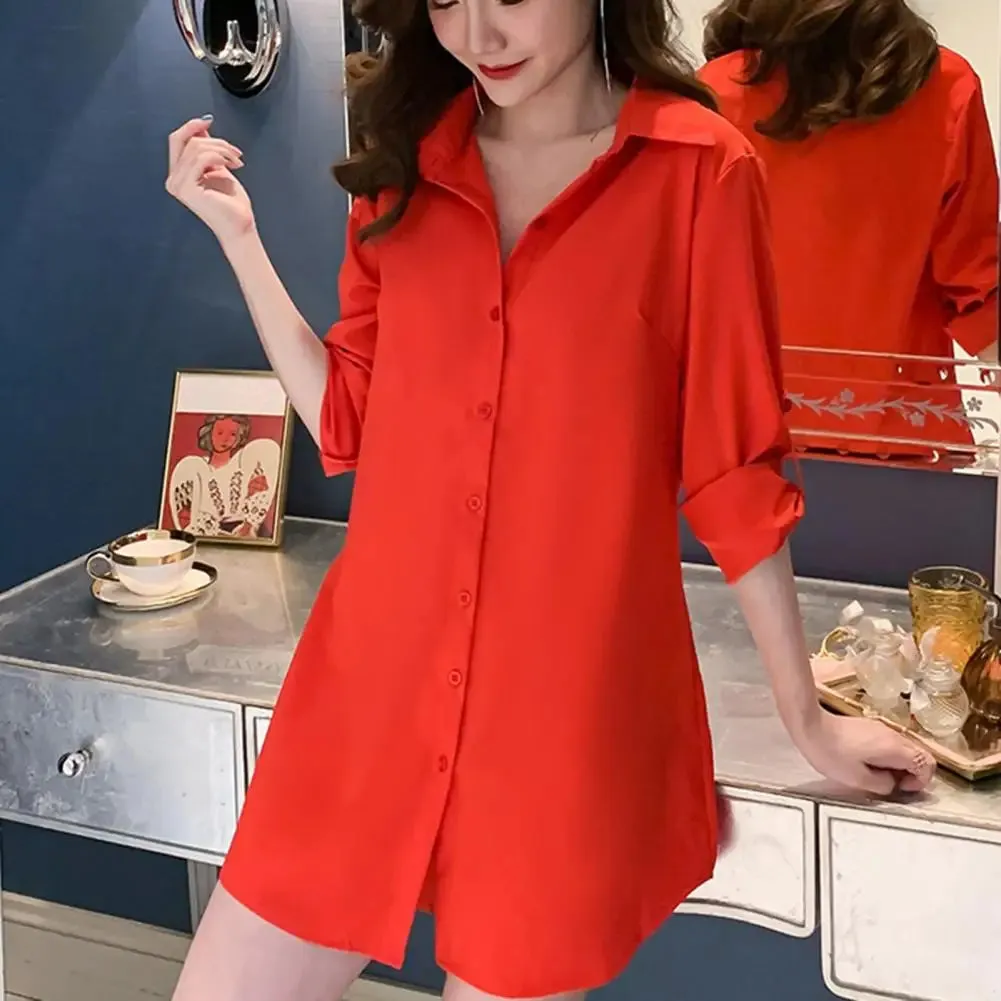 Women Button Up Mini Dress Women's Casual Shirt Dress Spring Autumn Mid-length Lapel Long Sleeve Single Breasted Solid Color