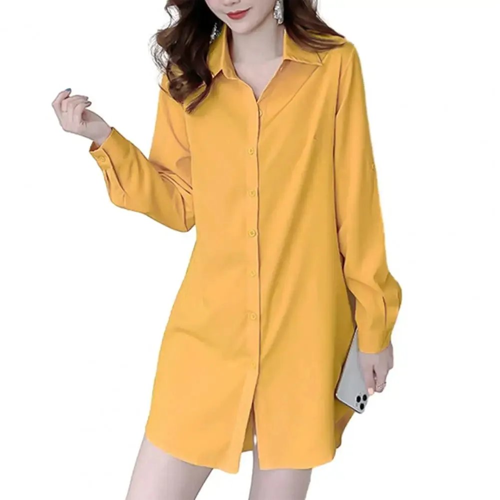 Women Button Up Mini Dress Women's Casual Shirt Dress Spring Autumn Mid-length Lapel Long Sleeve Single Breasted Solid Color