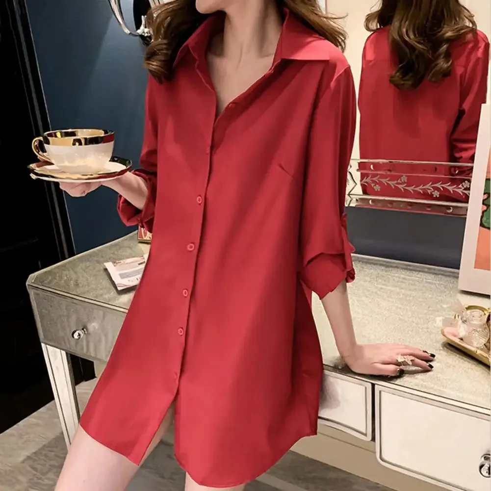 Women Button Up Mini Dress Women's Casual Shirt Dress Spring Autumn Mid-length Lapel Long Sleeve Single Breasted Solid Color