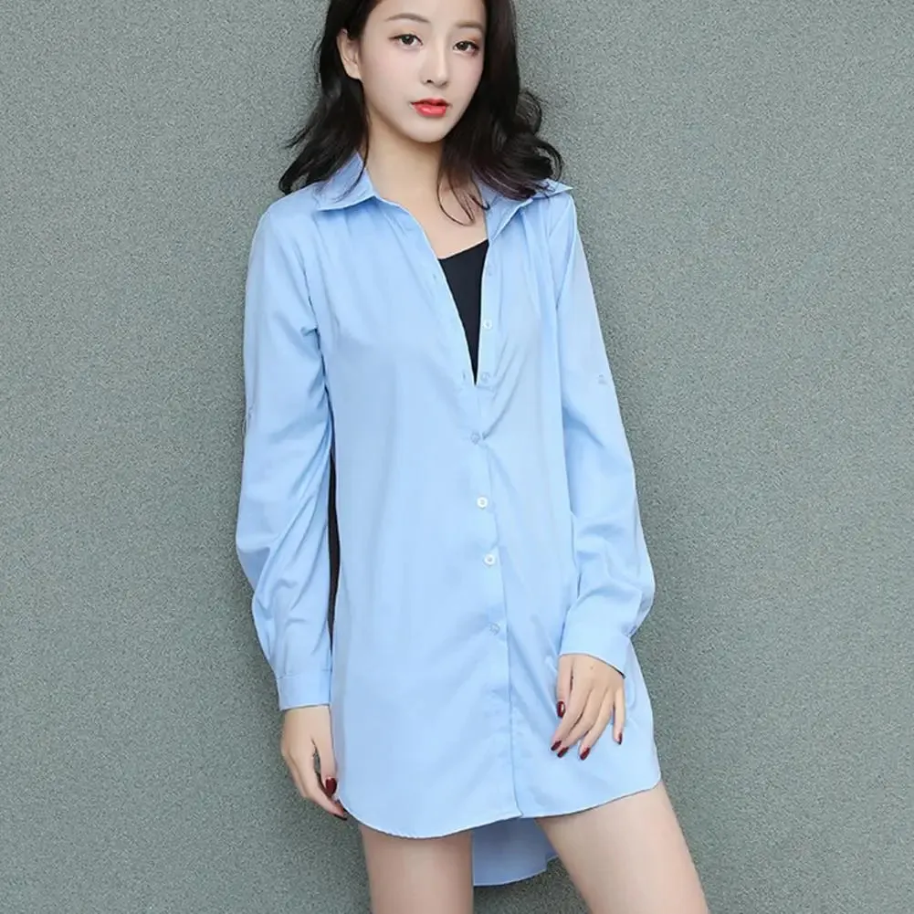 Women Button Up Mini Dress Women's Casual Shirt Dress Spring Autumn Mid-length Lapel Long Sleeve Single Breasted Solid Color