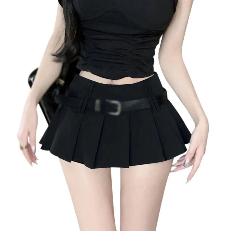 Women's High Waist Short Skirt Sexy and Fashionable Spicy Girl A-line Pleated Skirt with Belt Half length Skirt