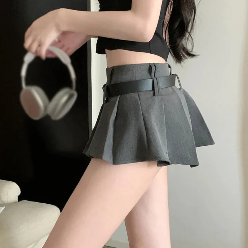 Women's High Waist Short Skirt Sexy and Fashionable Spicy Girl A-line Pleated Skirt with Belt Half length Skirt